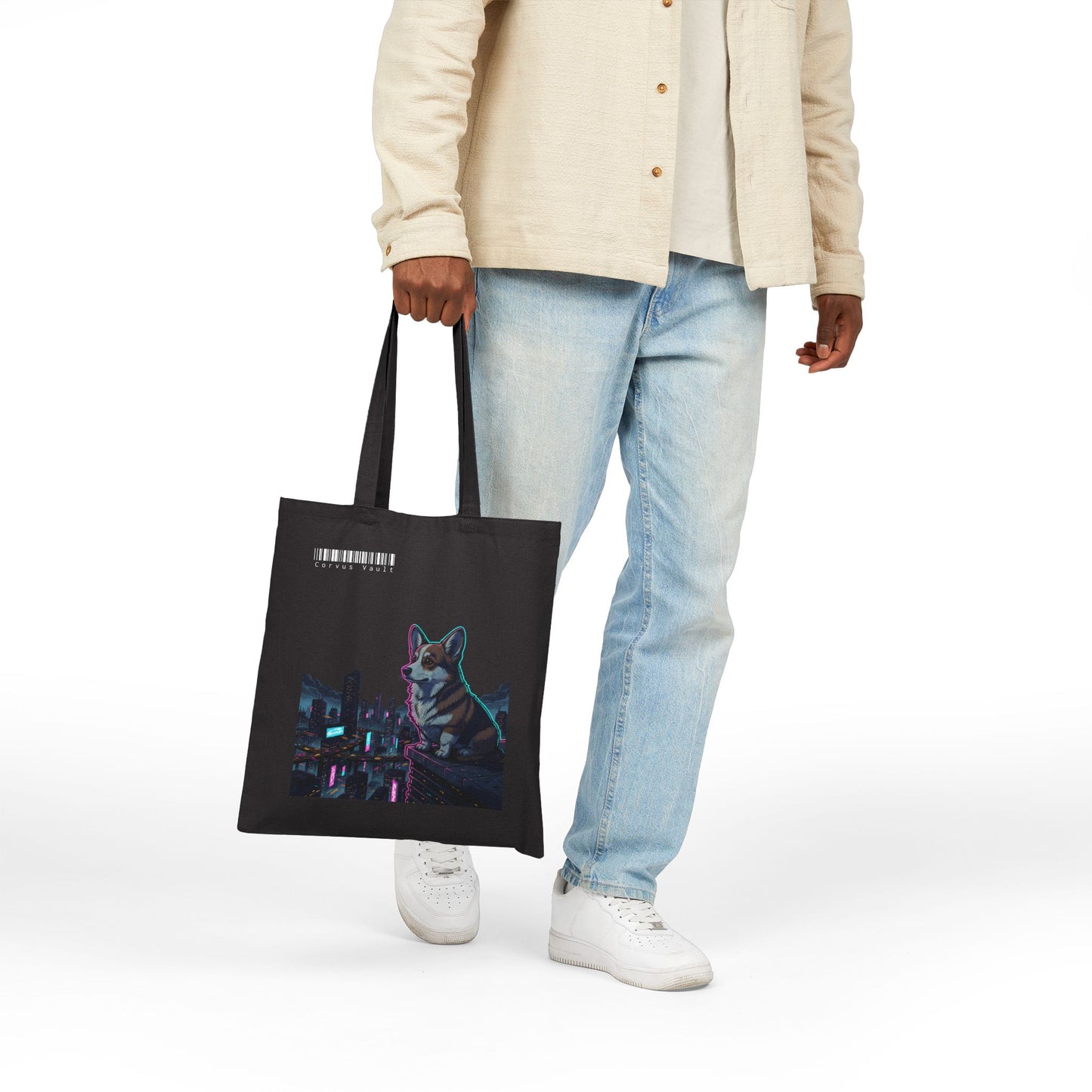 Cyberpunk Corgi Neon City Canvas Tote