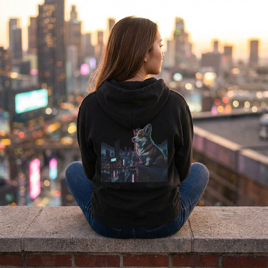 Cyberpunk Corgi Neon City Zip Hoodie
