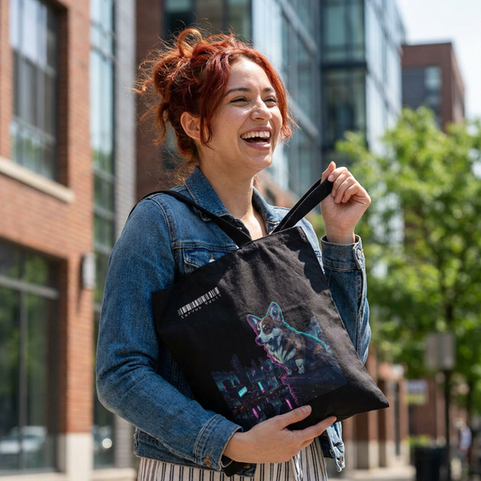 Cyberpunk Corgi Neon City Canvas Tote