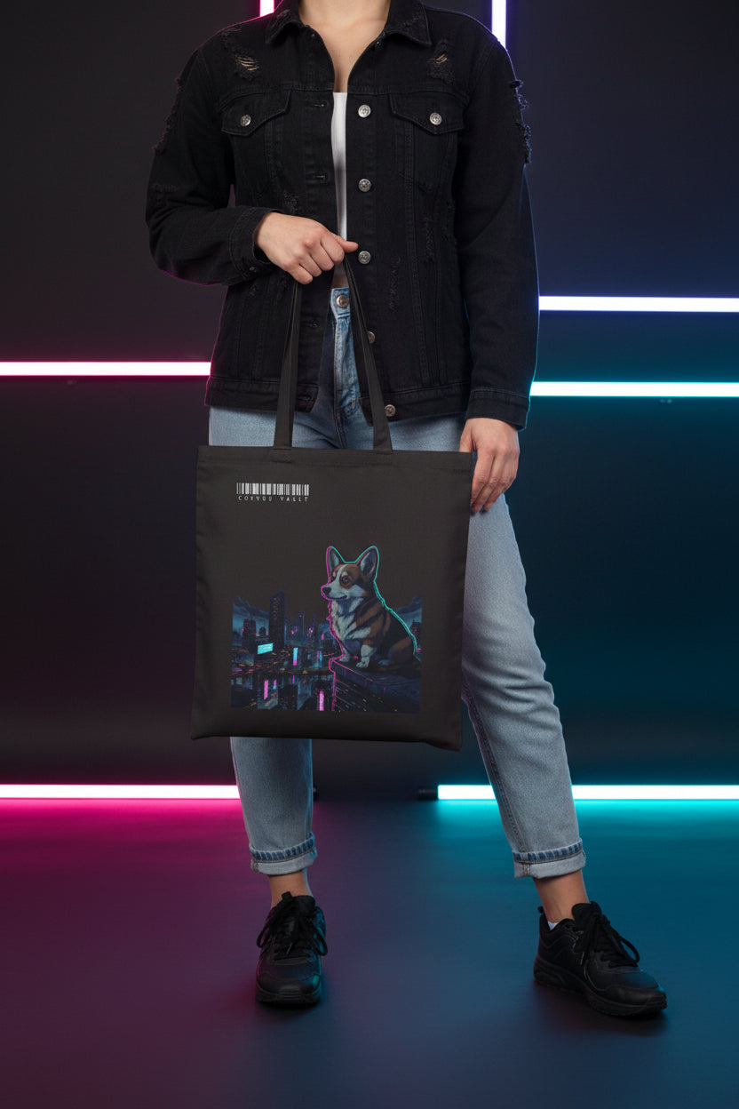 Cyberpunk Corgi Neon City Canvas Tote