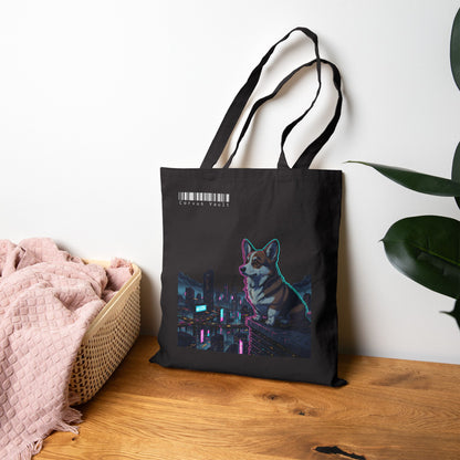 Cyberpunk Corgi Neon City Canvas Tote