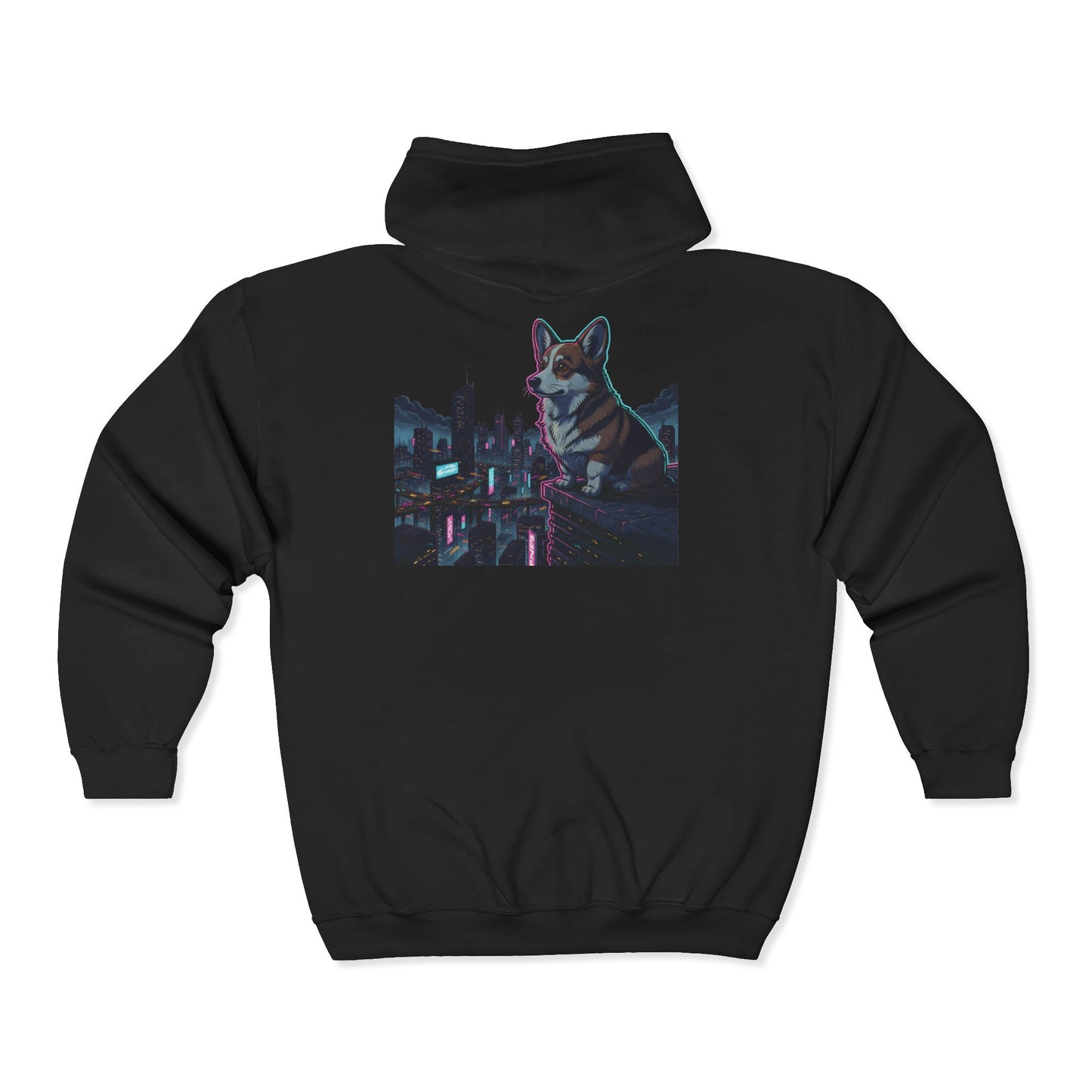 Cyberpunk Corgi Neon City Zip Hoodie