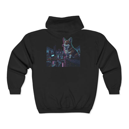 Cyberpunk Corgi Neon City Zip Hoodie