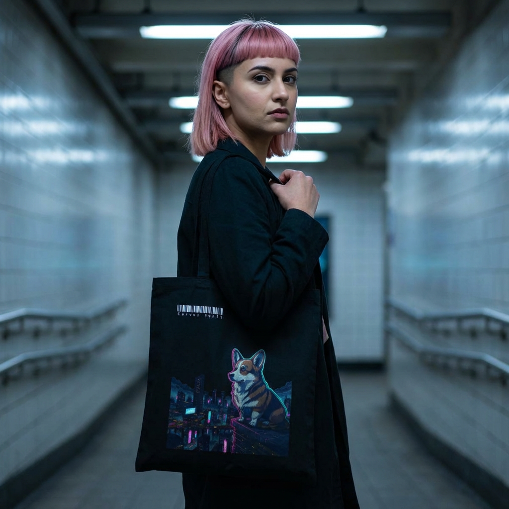 Cyberpunk Corgi Neon City Canvas Tote