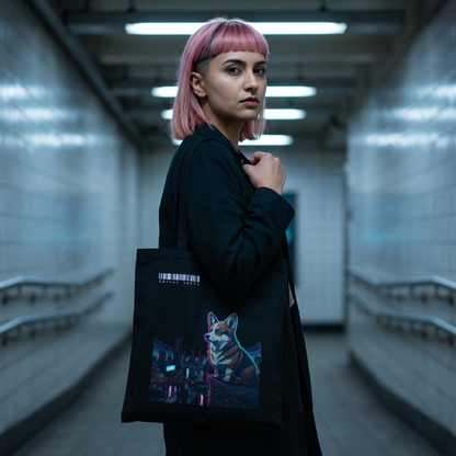 Cyberpunk Corgi Neon City Canvas Tote