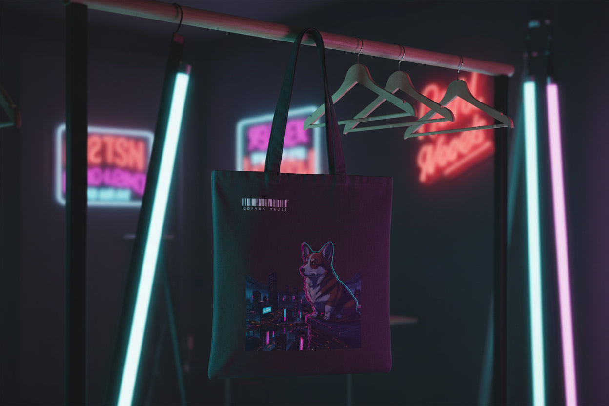 Cyberpunk Corgi Neon City Canvas Tote
