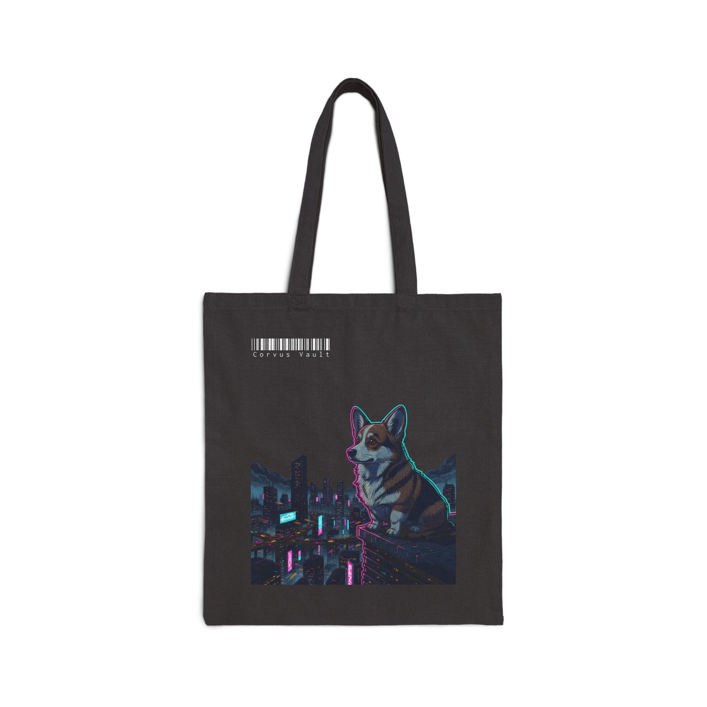 Cyberpunk Corgi Neon City Canvas Tote